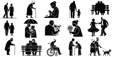 Elderly Silhouette Vector Icon Set — 15 Black Flat Minimal Icons of Seniors and Couples Including Old Man, Woman, Wheelchair, and Family Scenes, Isolated on White Background