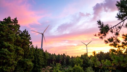 Scenic landscape of wind turbines at sunset, framed by lush trees and a dramatic sky of pinks, oranges, and blues