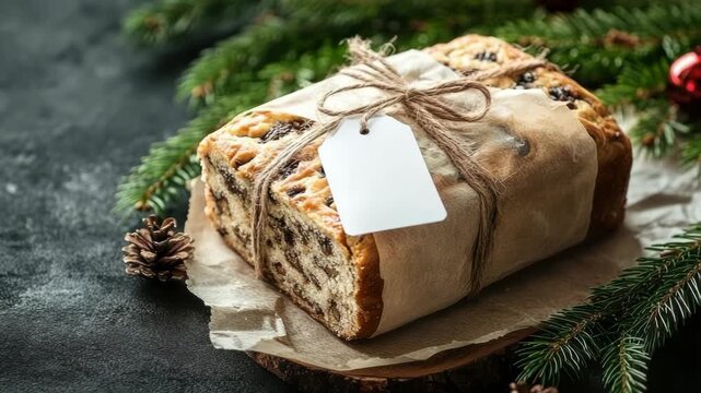 Traditional Christmas stollen fruit bread receiving a festive presentation, wrapped in parchment paper and twine, featuring a blank gift tag and evergreen branches