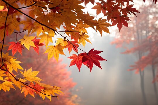 Vibrant autumn maple leaves glow in a misty forest, displaying rich red and golden colors on tree branches. - Powered by Adobe
