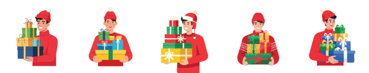 Christmas Gift Holiday Shopping Man Holding Stack of Presents Flat Vector Illustration