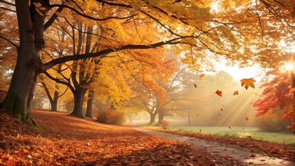 Misty morning light bathes a serene autumn park as golden leaves gently fall onto a winding path lined with vibrant trees.