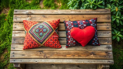 Opposites Attract: Red & Black Cushions on Rustic Bench - Drone Aerial View