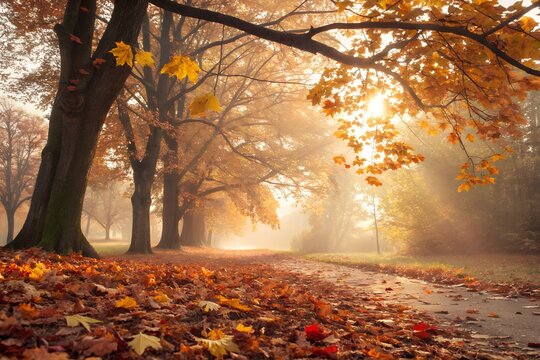 Golden autumn leaves cover the peaceful park path, with warm morning sunlight softly filtering through the misty forest trees.