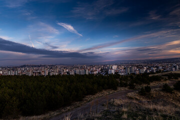 city, sunset, sky, landscape, nature, sun, clouds, sunrise, orange, cloud, mountain, mountains, evening, dusk, view, sunlight, beauty, blue, scenery, dawn, light