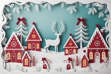 Enchanting papercut christmas village with gingerbread houses, trees, and a central reindeer figure