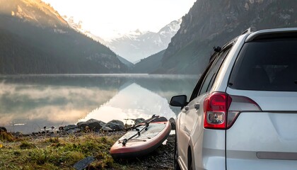 Scenic vista captures a silver SUV parked near a tranquil lake with a paddleboard. Mountains rise from the water's edge, reflecting in the calm surface