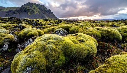 Scenic landscape of volcanic rock covered in vibrant moss, a rugged mountain backdrop, and a cloudy sky