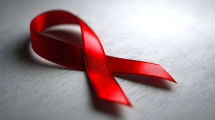 Vibrant red awareness ribbon rests upon a textured pale surface with soft lighting