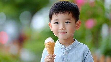 A cheerful young boy enjoys a sweet ice cream cone outdoors set against a soft bokeh of green leaves and pink flowers embodying a moment of childhood joy