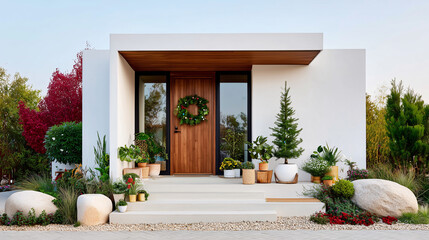 Modern house entrance decorated with greenery — stylish shot for real estate, landscape design and holiday campaigns.