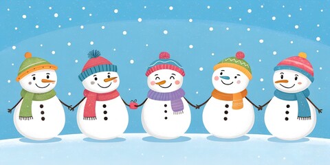 Five cheerful snowmen wearing bright hats and scarves stand in fresh snow, happily holding hands as snowflakes gently fall around them.