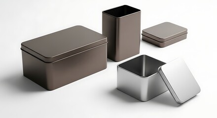 Assortment of Metal Boxes on White Background for Storage.