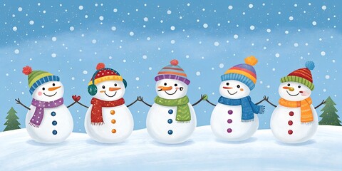 Five happy snowmen stand together in a row, wearing colorful hats and scarves, holding hands amidst falling snow in a beautiful winter landscape.