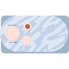 Overhead View Of A Minimalist Table Setting With Two Pink Plates Two Forks And Two Cups Of Coffee On A Light Blue Wood Grain Surface With Rounded Corners And A Subtle Shadow Effect