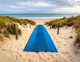 Sandy path, blue mat leading to a tranquil beach with gentle waves. Cloudy sky, green dunes on either side