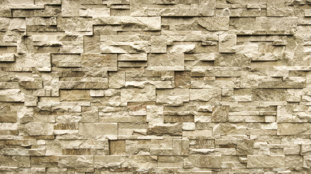 Realistic Stacked Stone Wall Texture Background - Rustic Beige Slate Veneer Close-Up.
High-resolution, photorealistic texture showcasing a section of a natural stacked stone wall. The surface features