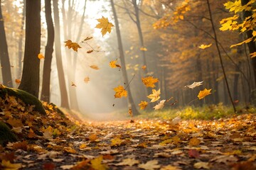 Golden autumn leaves fall and blow gently along a sunlit forest path, as bright yellow foliage drifts through the serene woods.