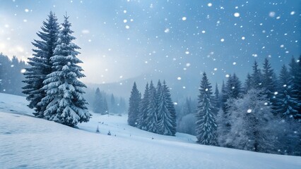 Fototapeta premium Heavy snow falls gently over a beautiful winter forest landscape with tall pine trees covered in fresh white powder and a serene sky.
