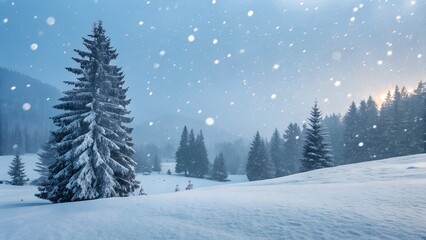 Fototapeta premium Snowflakes gently fall over a beautiful winter forest landscape, featuring snow-covered pine trees and a serene white field under the peaceful sky.