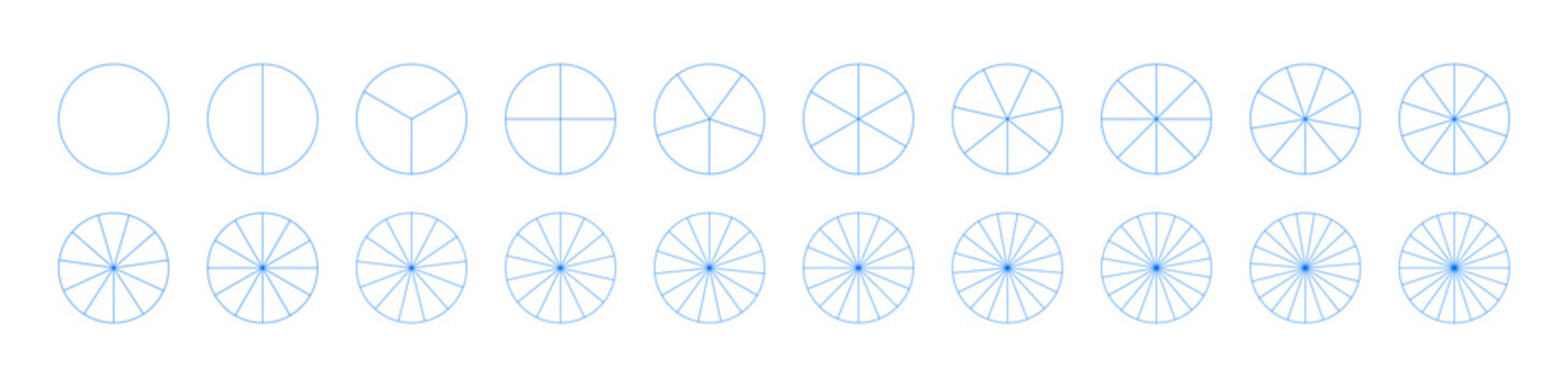 Pie, pizza charts set. Segmented flat blue charts. Many number of sectors divide the circle on from 1 to 20 equal parts. Segments simple infographic icons. Diagram wheel parts pattern.