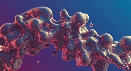 Metallic, amorphous fluid structure flows dynamically against a rich, gradient background.