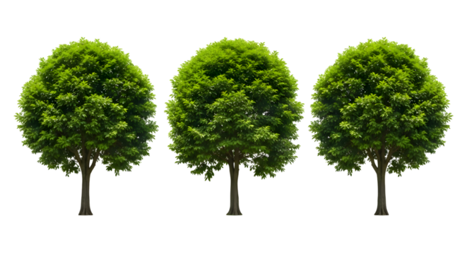 Three green trees with full foliage isolated on transparent background