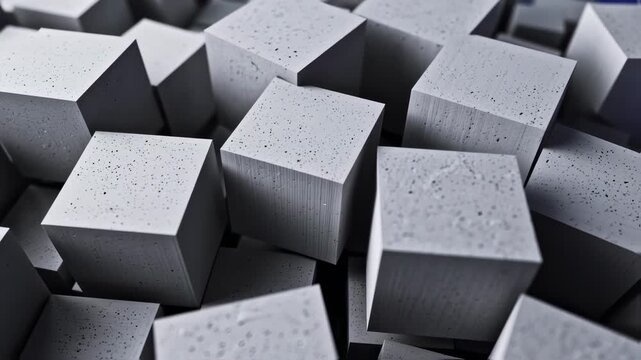 A grayscale, close-up shot of a chaotic arrangement of speckled, square blocks