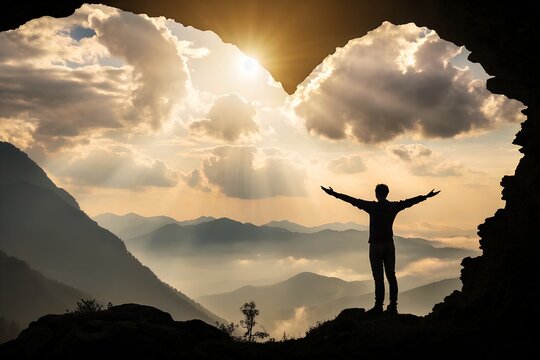 A person stands in silhouette on a mountain peak with arms wide open, embracing the beautiful sunrise over majestic peaks and clouds.