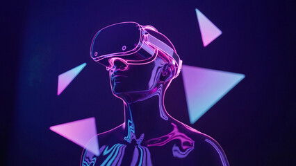 Futuristic digital avatar immersed in vibrant neon virtual reality experience with abstract shapes