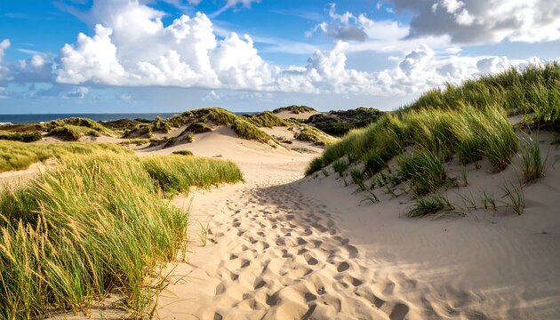 Sandy path winds through grassy dunes to sea, blue sky with puffy clouds above