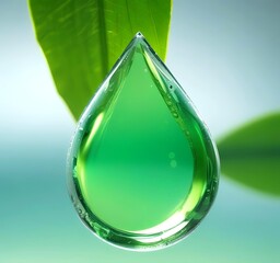Macro shot of luminous green biofuel droplet suspended