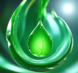 Macro shot of luminous green biofuel droplet suspended