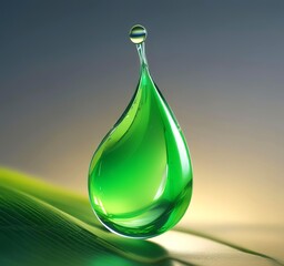 Macro shot of luminous green biofuel droplet suspended