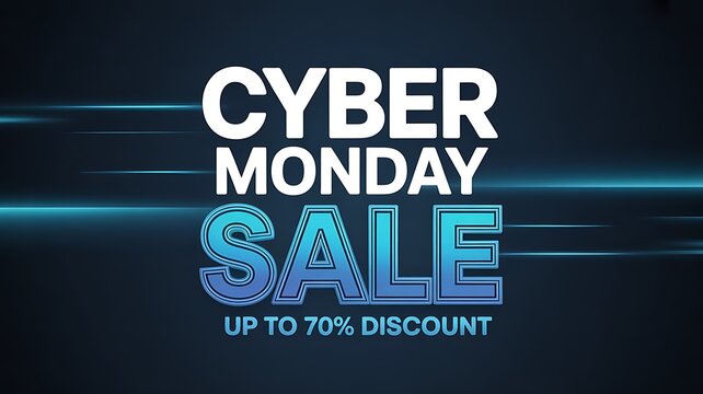 Cyber monday sale banner with up to 70 discount, featuring a modern design with glowing lines, advertising seasonal promotions and online shopping