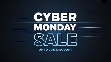 Cyber monday sale banner with up to 70 discount on a dark blue background with light streaks, perfect for advertising and promotions