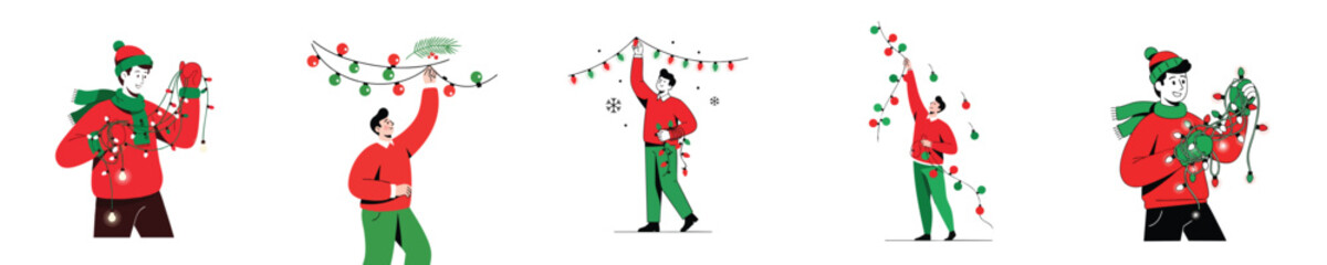 Christmas Lights Man Hanging Colorful Garland Decorations Flat Vector Illustration Set