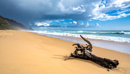 Sandy shoreline under a dramatic sky. Driftwood rests on the beach, waves crash against the shore, and mountains rise in the distance