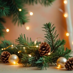 Cozy Christmas Decoration with Pine Cones and Lights