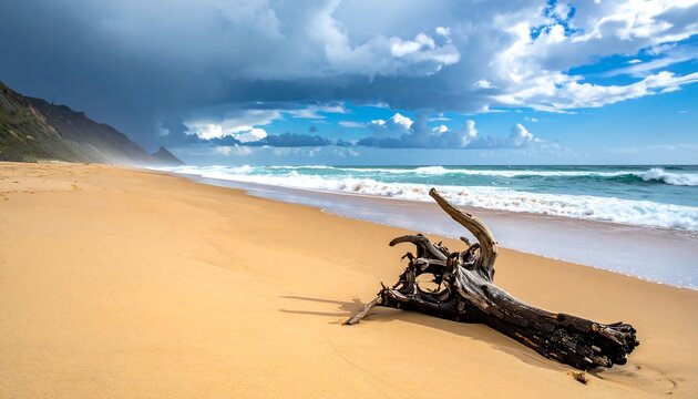 Sandy shoreline under a dramatic sky. Driftwood rests on the beach, waves crash against the shore, and mountains rise in the distance - Powered by Adobe