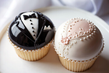 Elegant Wedding Cupcakes Decorated as Bride and Groom Romantic Dessert Concept