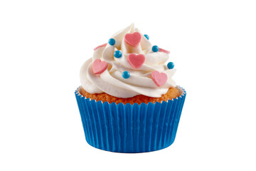Cute Heart Decorated Cupcake with Whipped Cream Frosting Isolated on White