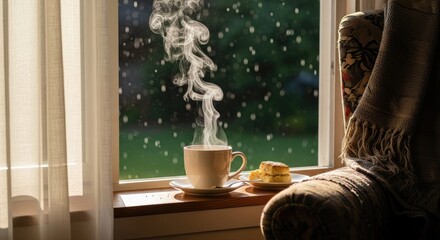 Cozy scene of a steaming cup of coffee by a rainy window.