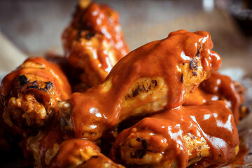 Spicy Buffalo Chicken Wings Covered in Tangy Sauce Close Up Food Photography