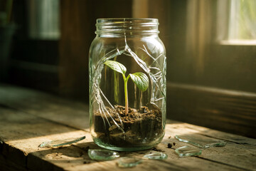 Broken Glass Jar with Growing Plant Symbolizing Hope and Environmental Renewal
