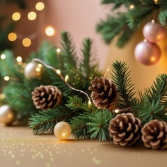 Cozy Christmas Decoration with Pine Cones and Lights