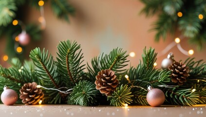 Cozy Christmas Decoration with Pine Cones and Lights