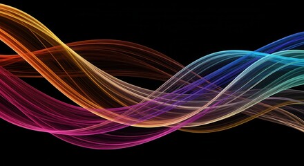 Intertwined translucent ribbons display vibrant spectral colors across a deep black background