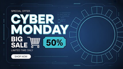 Cyber monday big sale with 50 discount on limited time only, shop now with special offer and promotion, vector illustration for online shopping event