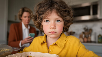 Boy in a yellow shirt looking straight at the camera while parents in the background are busy with phones — a shot about attention and family priorities.